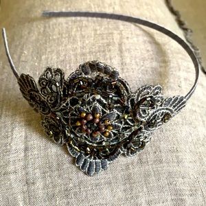 20’s style flapper Headband gray cloth, beads, crystals, sequins